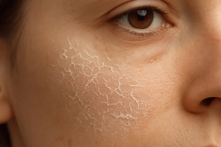Close-up of a woman’s face showing dry skin texture